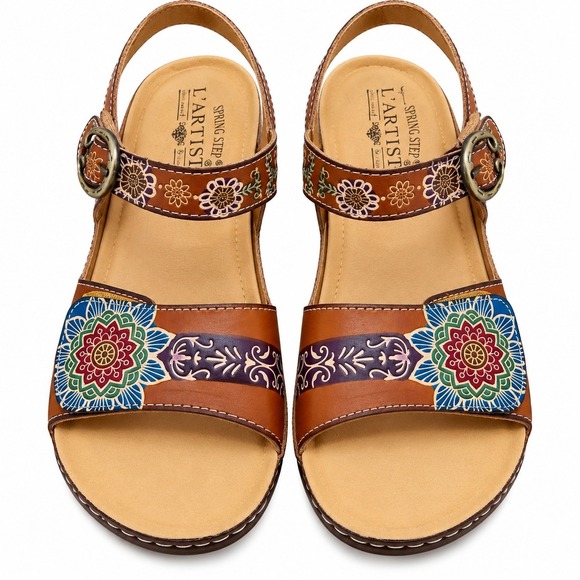 L'artiste Shoes - L'Artiste Spring Step Sandals Brown Floral Leather Wedge Roshni 38 Sz 7.5-8